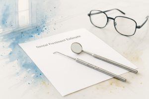 Blank dental estimate sheet on a counter next to a periodontal probe and dental mirror
