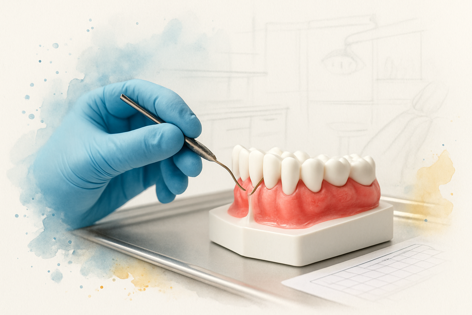 Gloved hand measuring gum pocket depth on a dental model with a periodontal probe