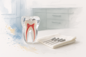Clear molar model showing three root canals next to a row of endodontic files on a dental counter