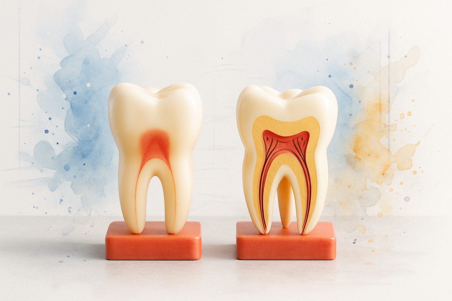 Side-by-side tooth models comparing a single-canal front tooth with a multi-canal molar