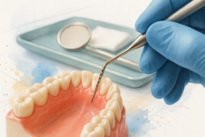 Gloved hand using a periodontal probe to measure pocket depth along the gumline of a dental model
