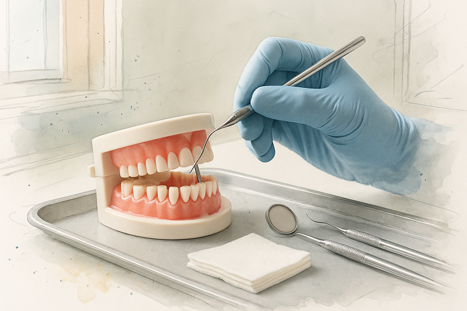 Periodontal probe angled along the gumline of a dental model on a clean instrument tray