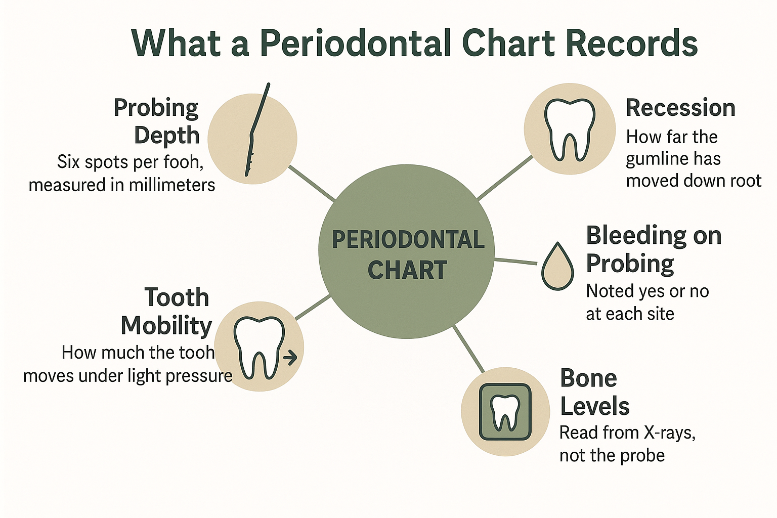 Infographic showing the five measurements recorded on a periodontal chart, including pocket depth and bleeding