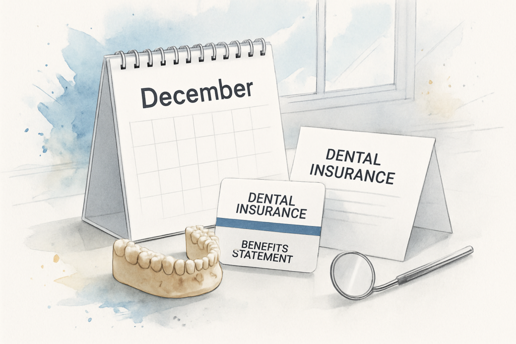 December calendar beside a card and benefits paperwork on a bright countertop