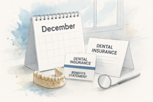 December calendar beside a card and benefits paperwork on a bright countertop
