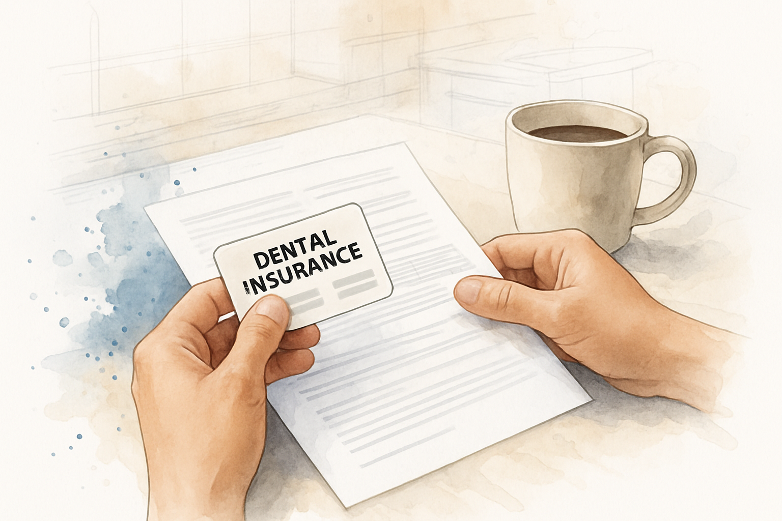 Hands holding a card while reviewing a benefits statement at a kitchen table