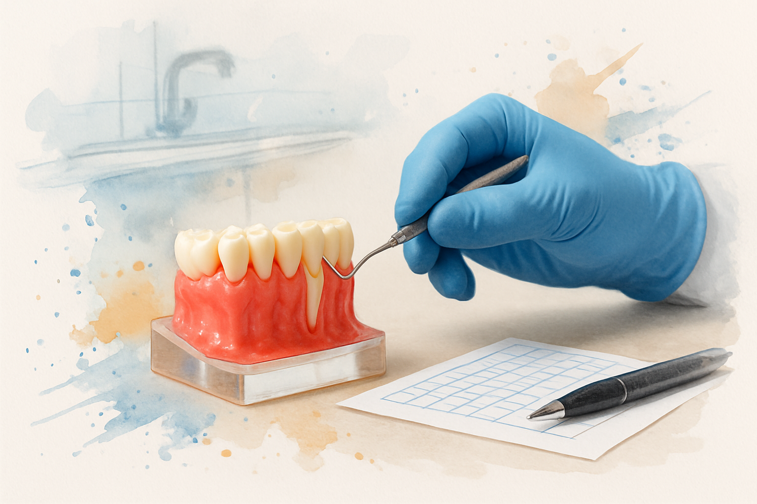 Gloved hands measuring gum pocket depth on a teeth and gums model with a periodontal probe
