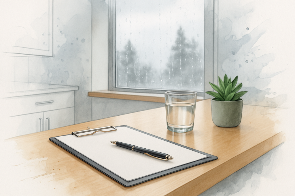 Dental office reception counter with a blank clipboard, water glass and plant beside a rain-streaked window