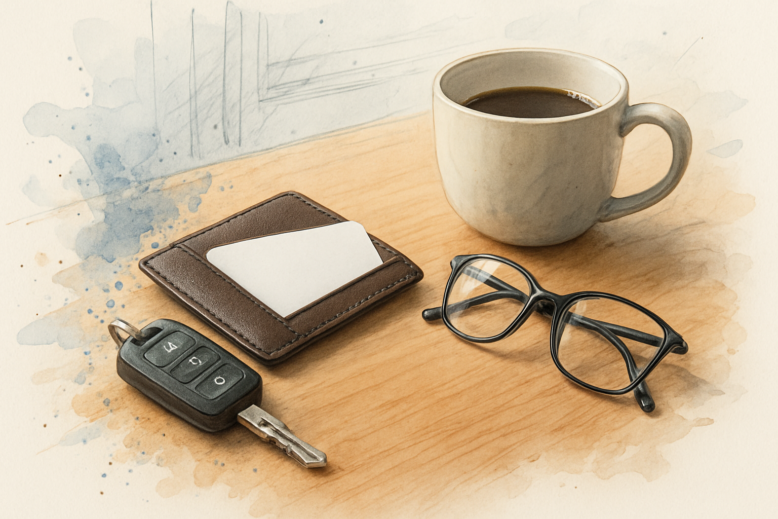 Open wallet with a blank insurance card, keys and reading glasses on a kitchen table in morning light