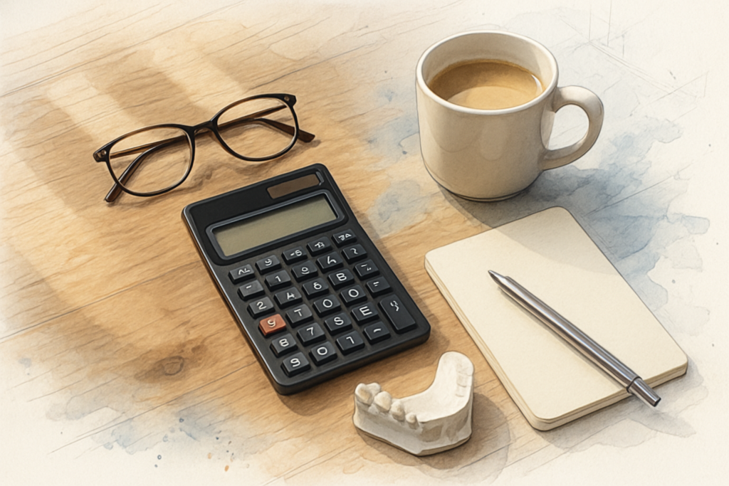 Calculator, blank notepad, coffee mug and a plaster jaw model on a kitchen table in morning light