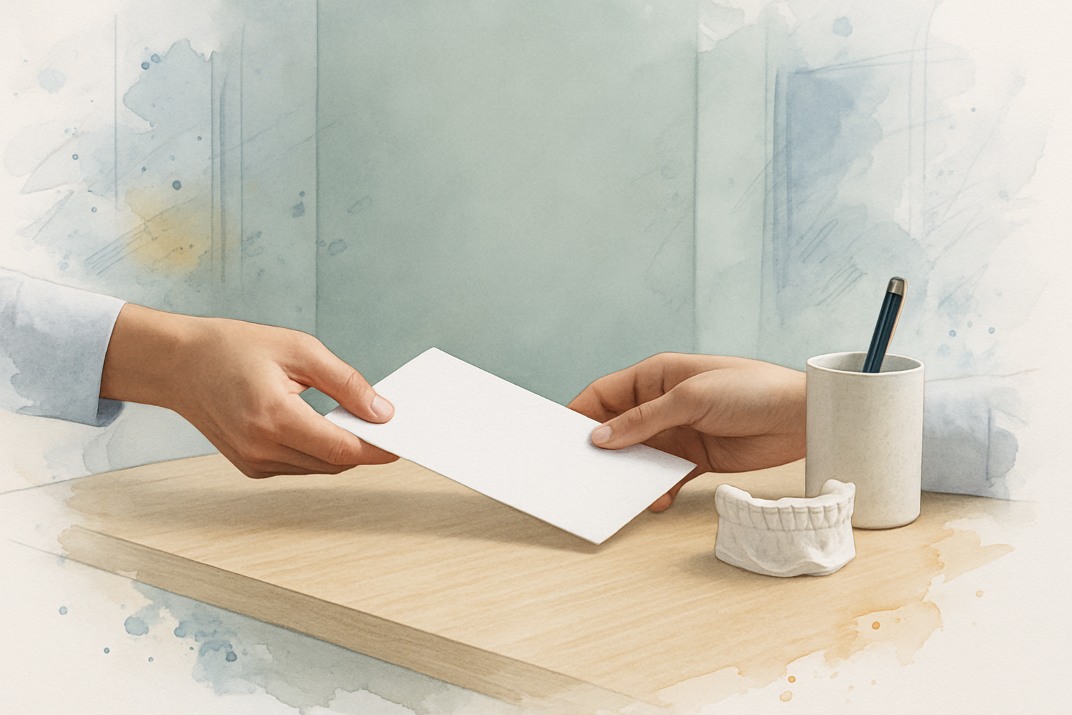 Hands sliding a blank estimate sheet across a dental office front desk toward a patient