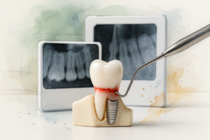 Periodontal probe at the gumline of a dental implant model beside an X-ray on a lit viewing panel