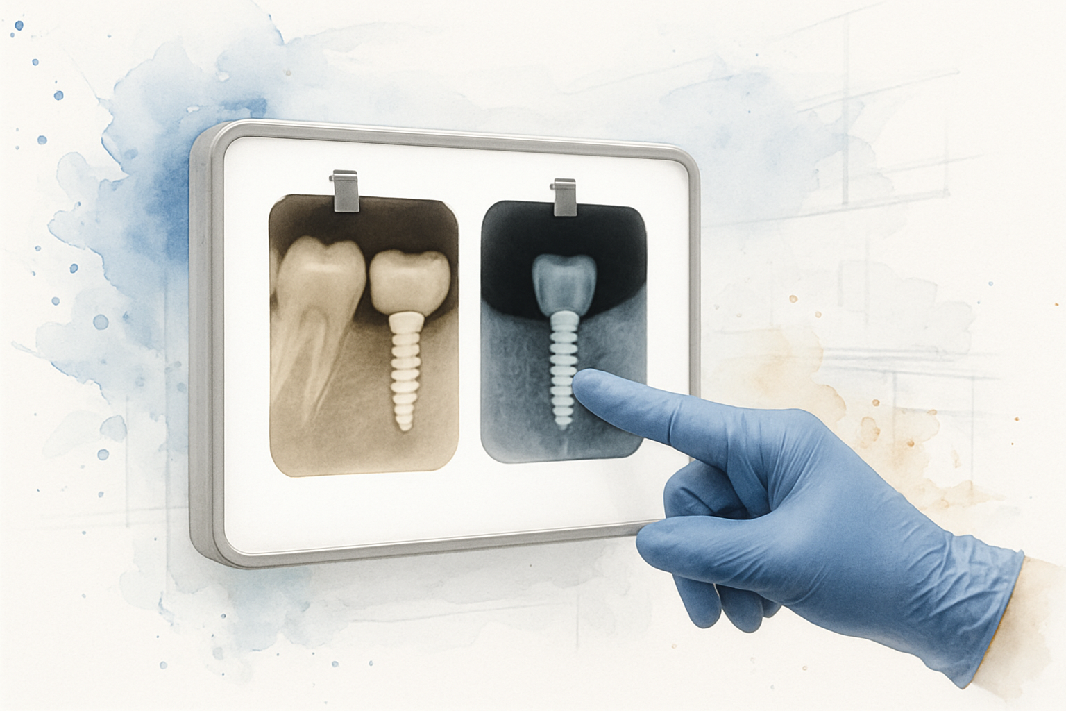Two dental X-rays of the same implant side by side on a light panel with a gloved hand indicating bone level