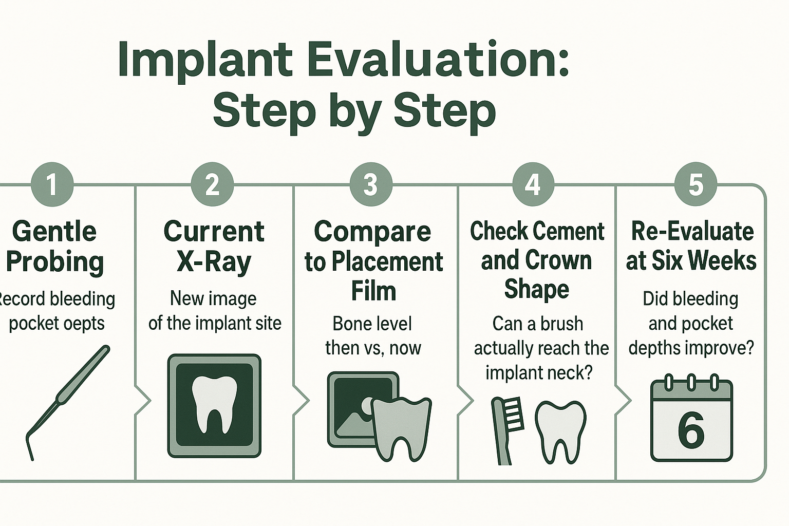 Infographic showing five steps of a dental implant evaluation from probing to six-week re-evaluation