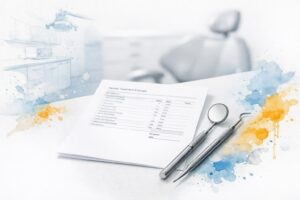 Dental treatment estimate printout beside a mirror and scaler on a clinical counter in a modern dental operatory