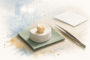Porcelain dental crown on a stone tooth model beside tweezers and a blank envelope on a lab bench