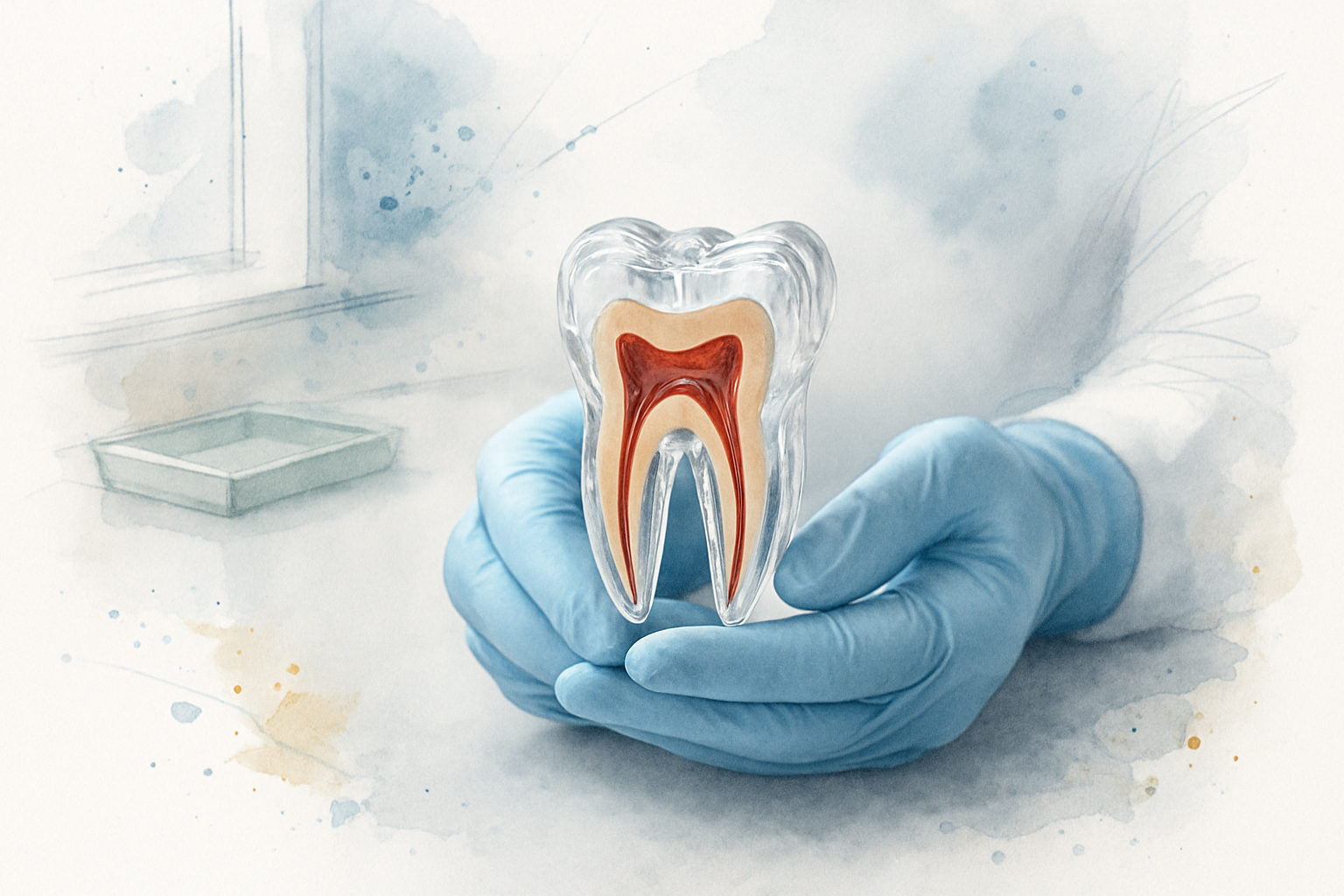 Gloved hands holding a cross-section molar model showing the inner root canals during a consultation