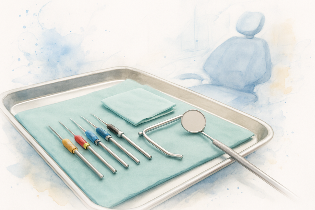 Endodontic files and a rubber dam frame arranged on a sterile tray in a quiet dental treatment room