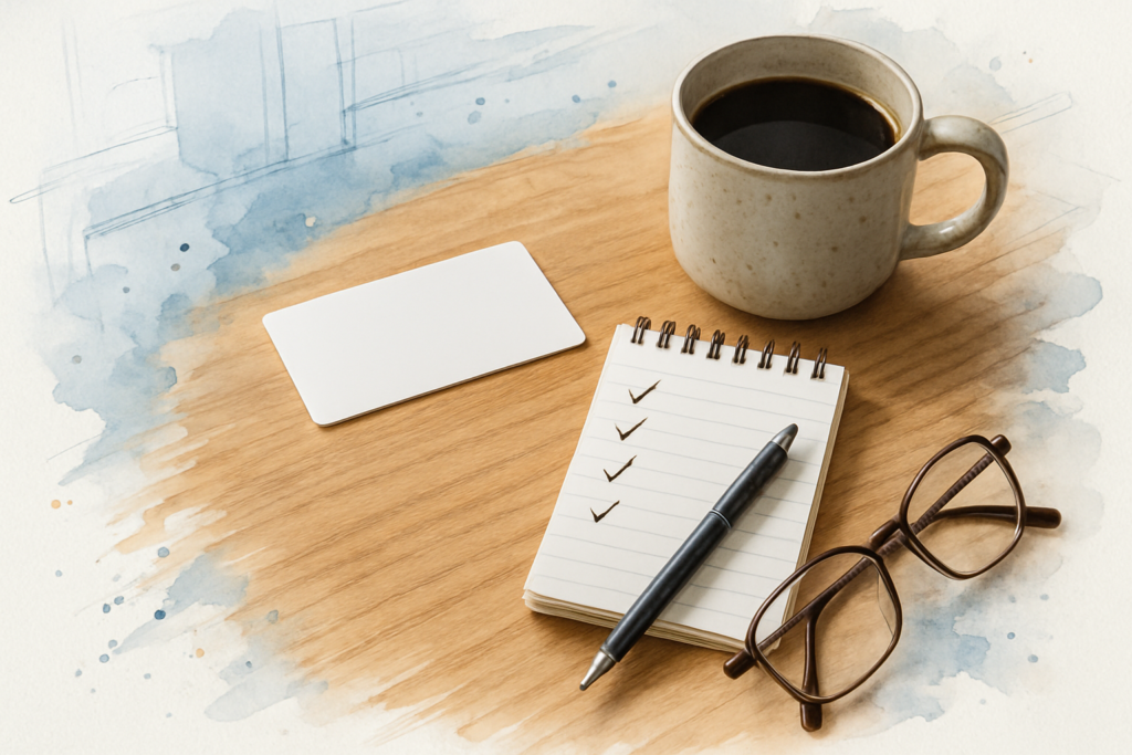 Blank dental benefits card on a kitchen table beside a notepad and pen, ready for a benefits phone call