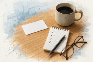 Blank dental benefits card on a kitchen table beside a notepad and pen, ready for a benefits phone call