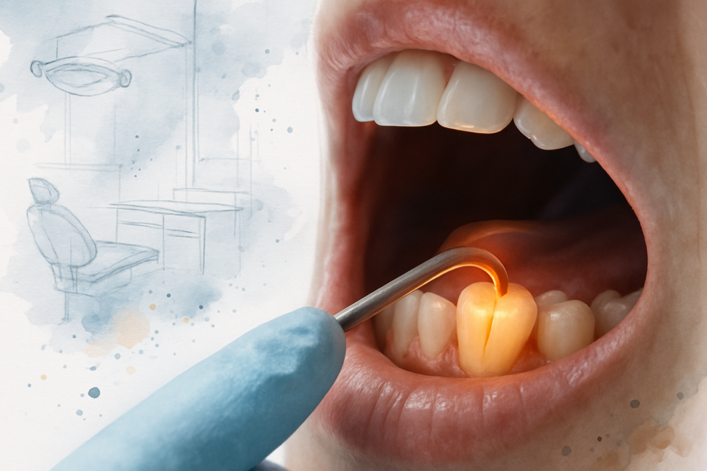 Fiber optic light held against a lower molar revealing a thin dark hairline crack an X-ray cannot show