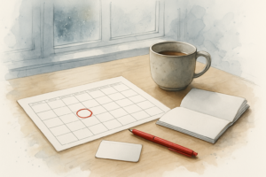 Kitchen table with a blank calendar, one date circled in red pen, a benefits booklet, and a coffee mug