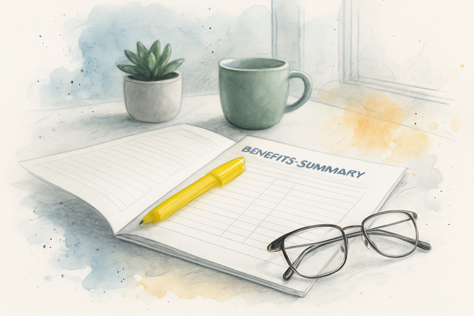 Open benefits summary pages fanned across a desk with a highlighter and reading glasses