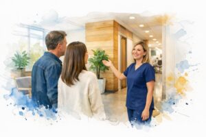 Dental receptionist gesturing toward treatment hallway while speaking with a patient couple in a sunlit modern office waiting area