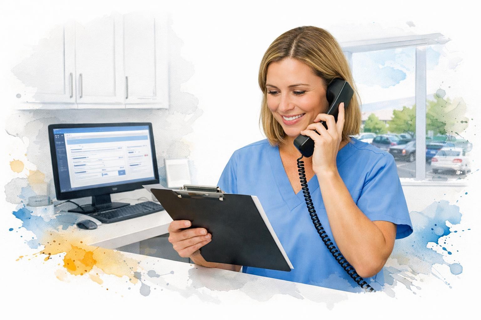 Dental receptionist on the phone reviewing a printed PEBB plan list at a front desk with an enrollment screen open