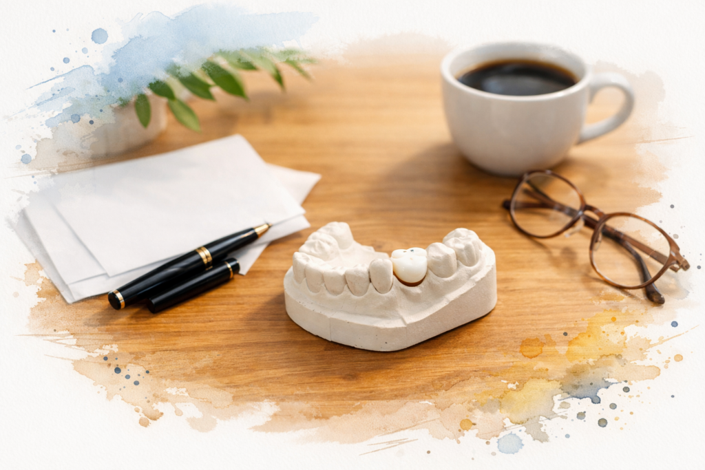 Dental model with a single porcelain crown on a desk beside a pen, blank paper, and coffee mug