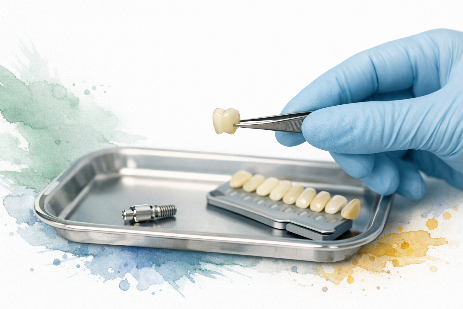 Gloved hand holding a ceramic dental crown with tweezers above a tray with an implant post