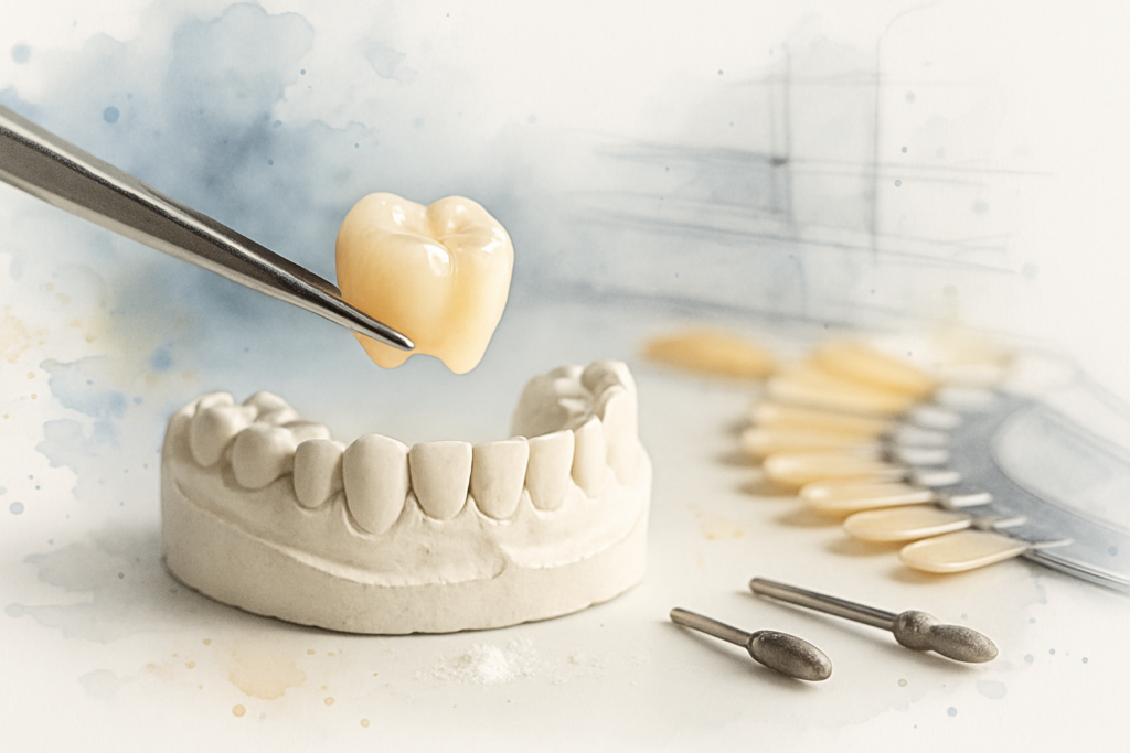Porcelain crown held in tweezers above a stone dental model on a lab bench