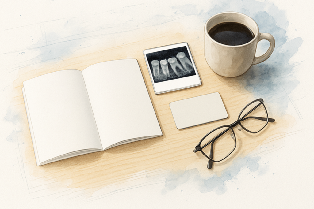 Open benefits booklet, blank insurance card, and a dental X-ray showing a missing molar on a kitchen table