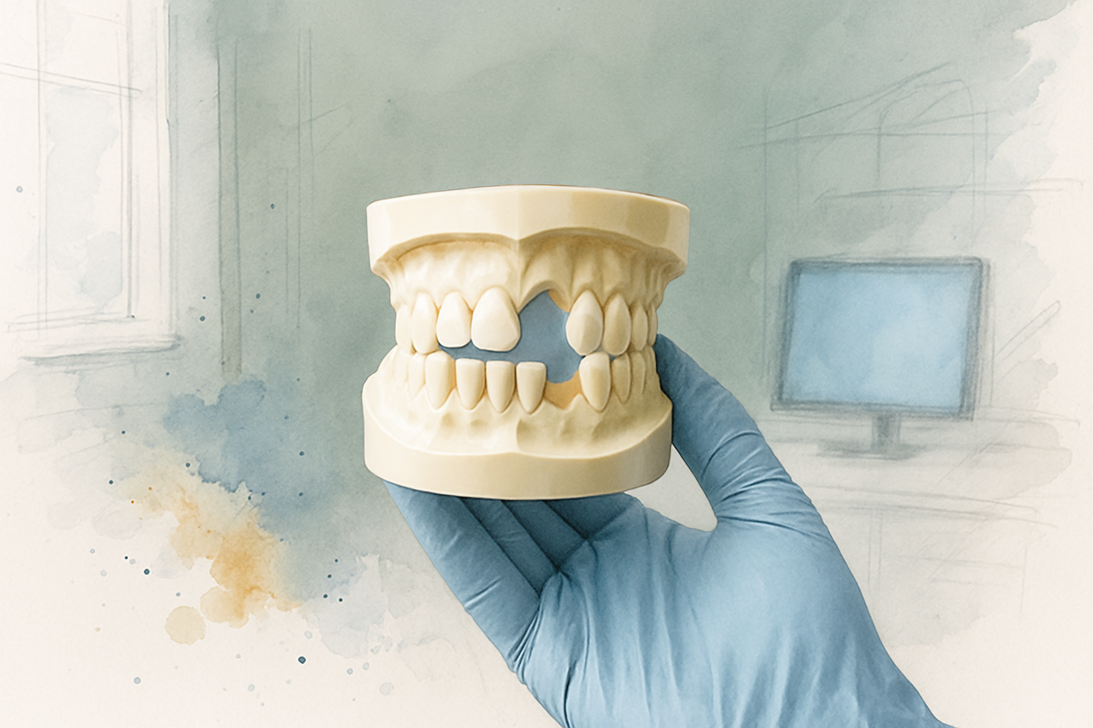 Gloved hand holding a lower jaw dental model with one empty molar space in a consultation room